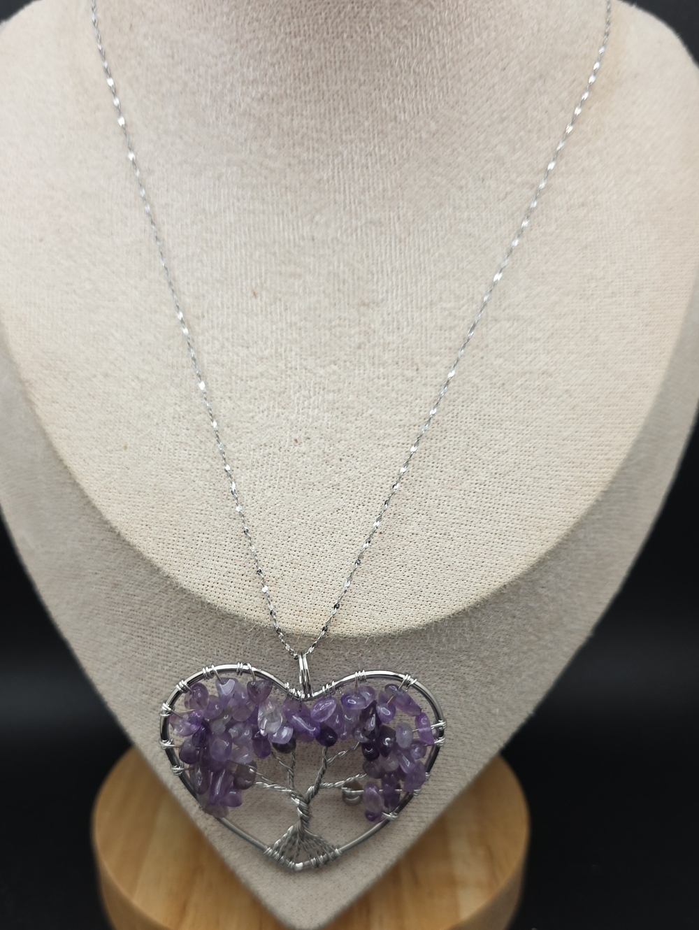 Amethyst Tree of Life Heart Pendant Necklace - Silver Tone (2513)